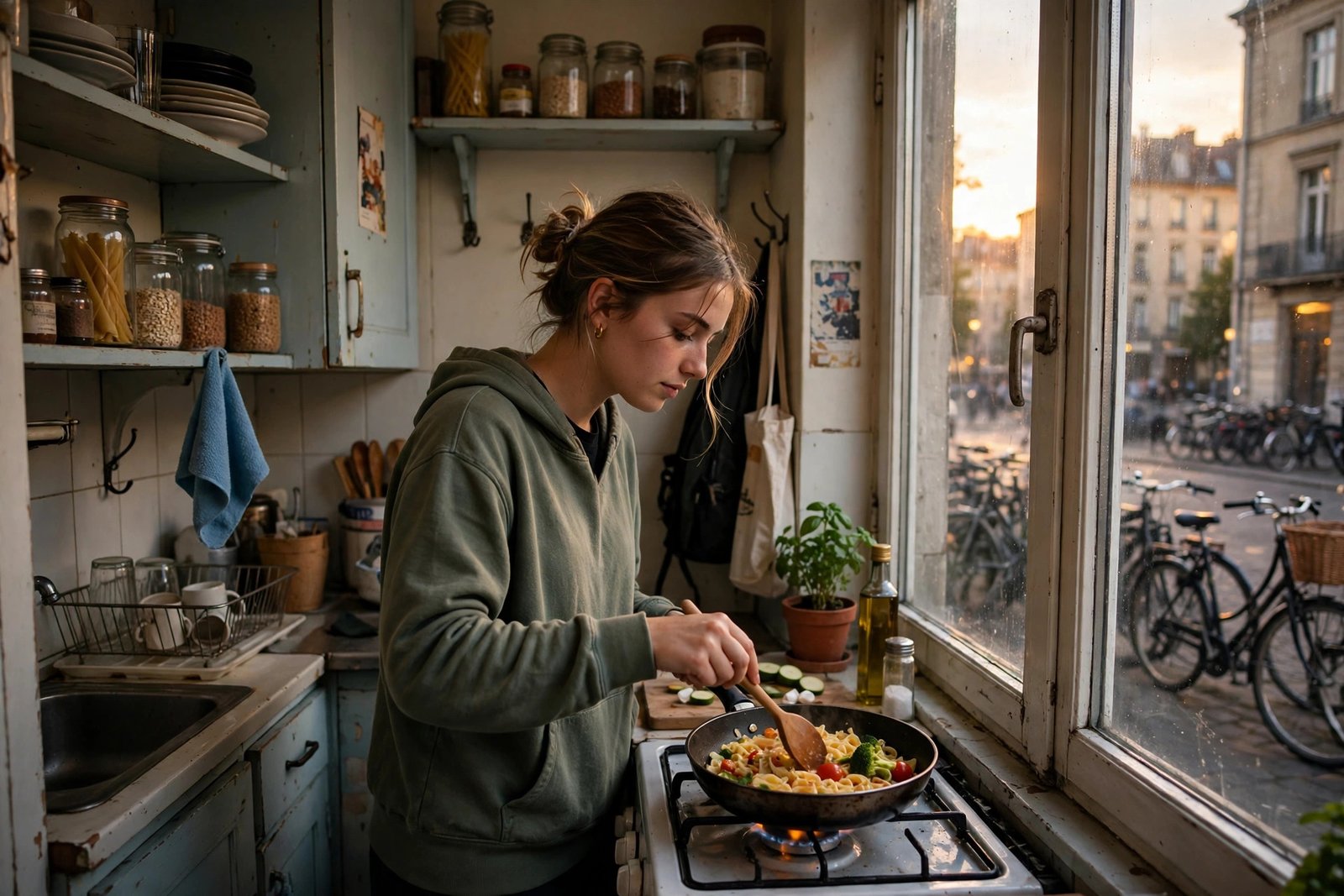 Student cooking in affordable shared student housing in a European city