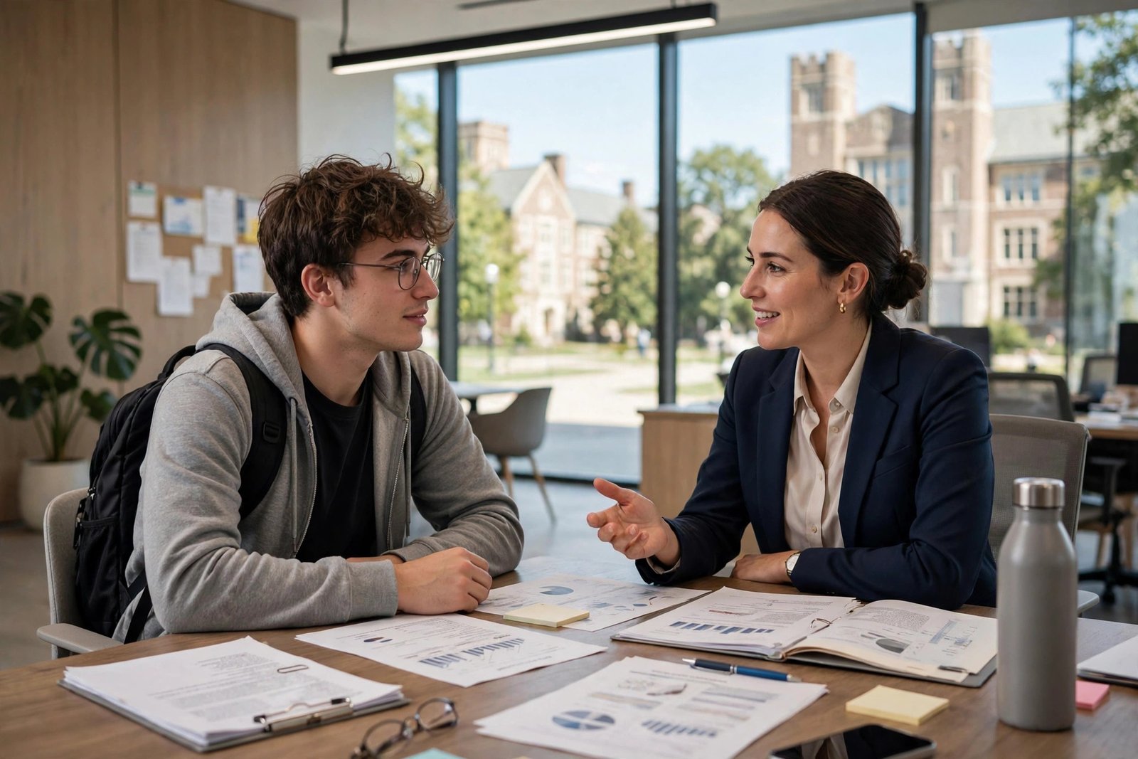 Student discussing an education loan with a bank adviser in a bright modern office