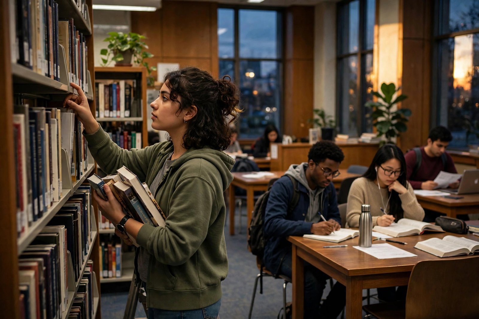 Student working part-time shelving books in a university library in the evening