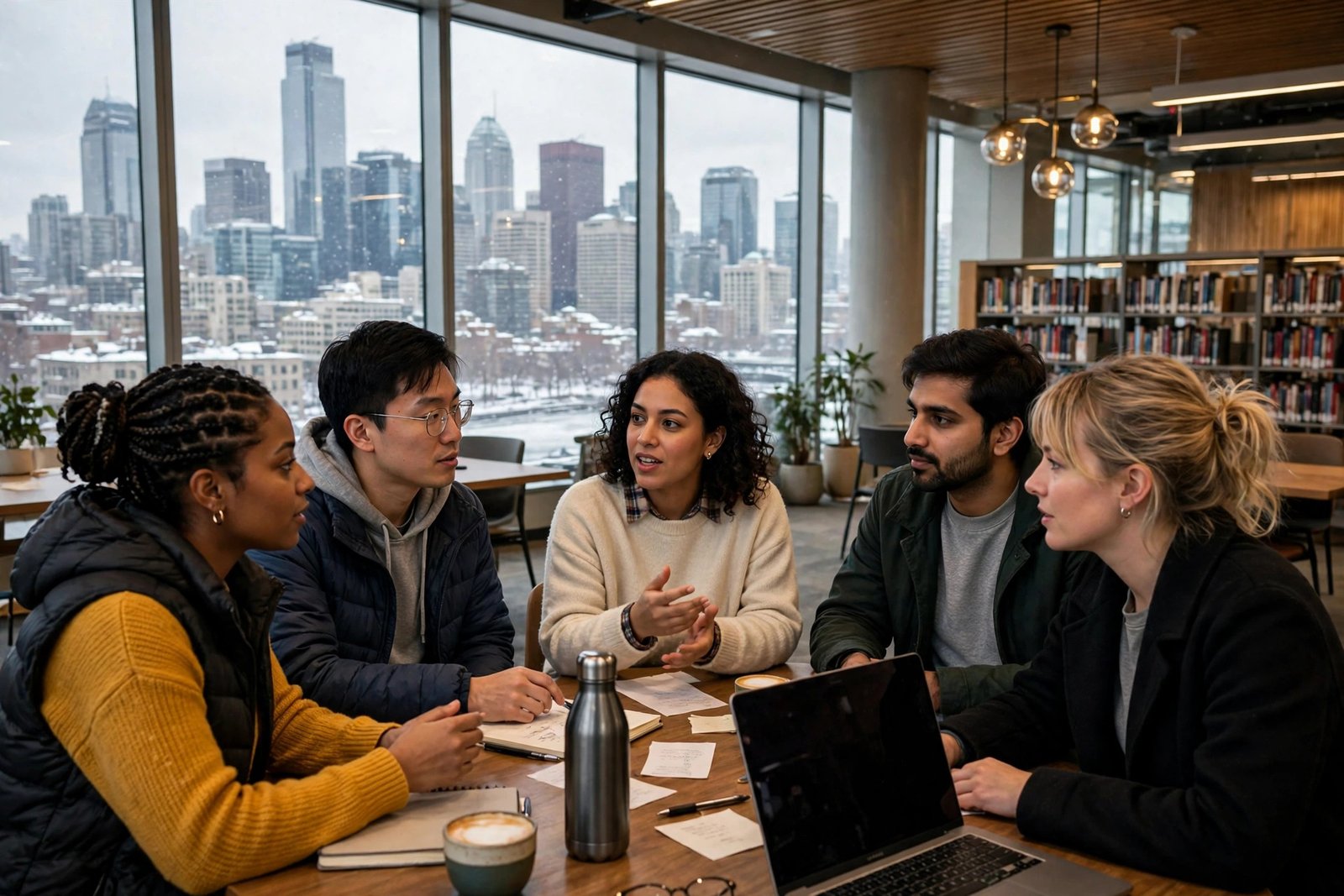Graduate students discussing future careers in a modern North American city library