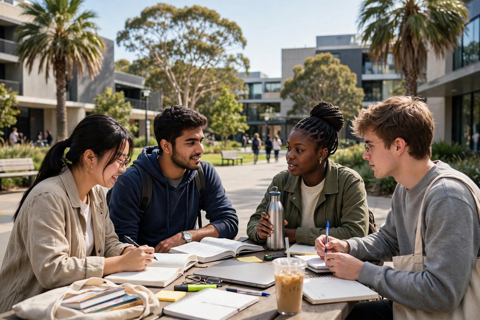 International students studying outdoors on a sunny university campus in Sydney, Australia