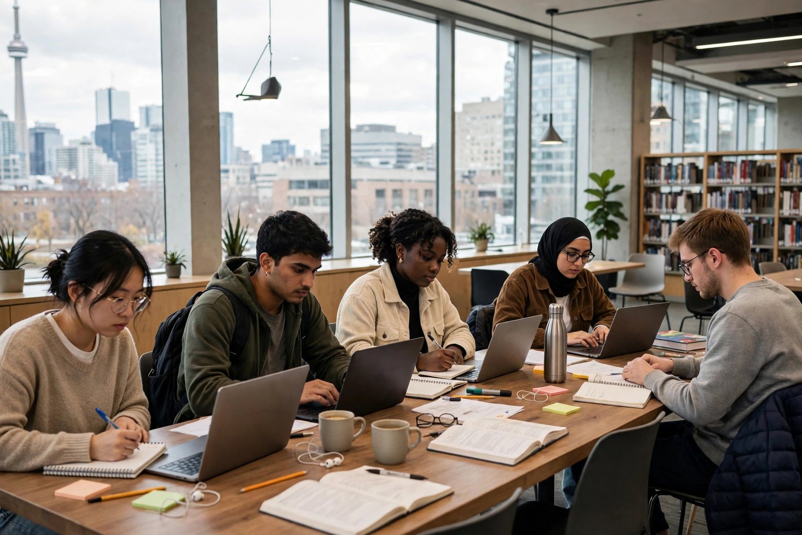 International students studying in a modern university library in Toronto, Canada