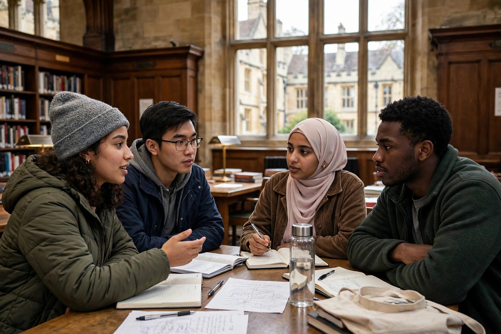 Postgraduate international students in a university library in Oxford, United Kingdom
