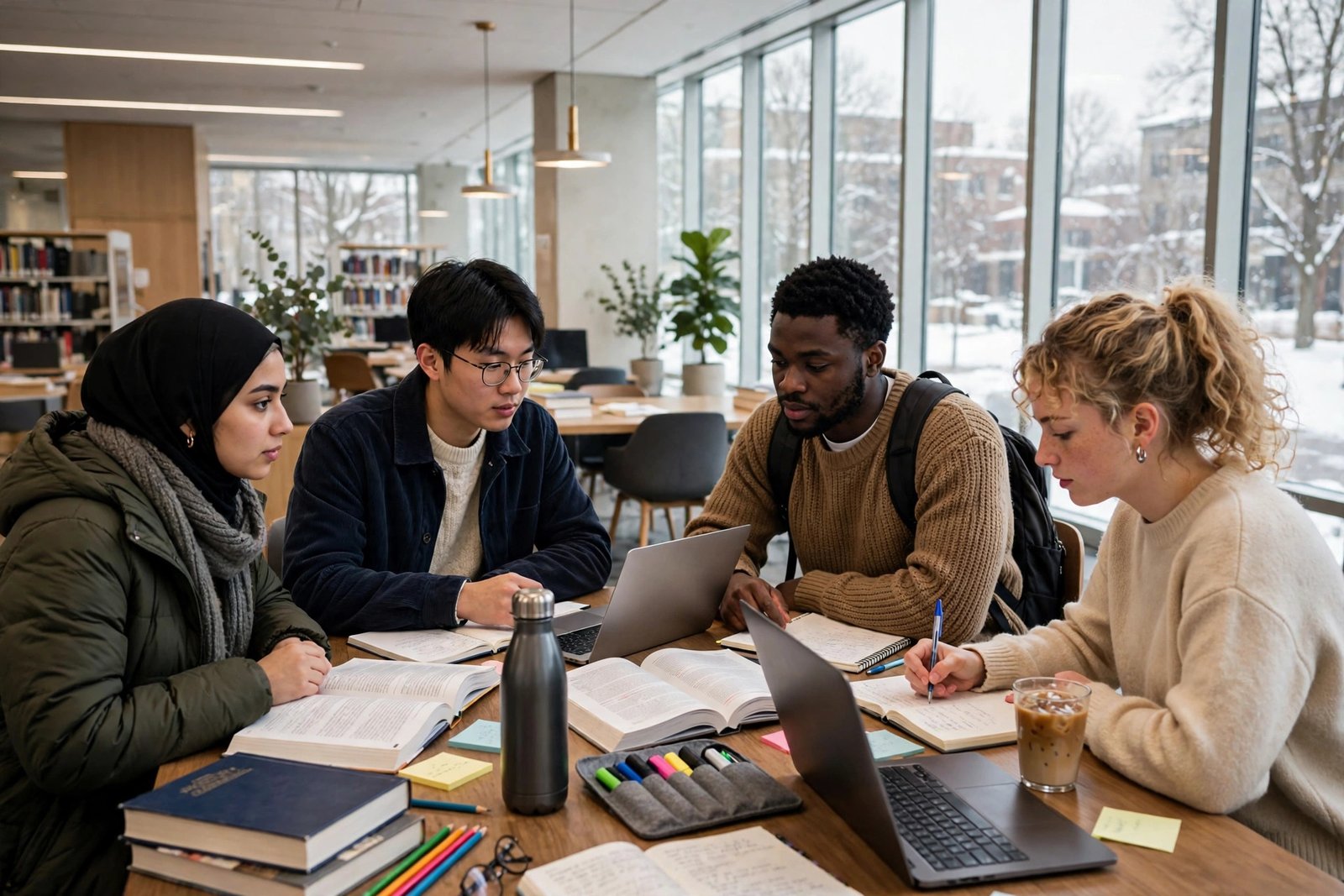 Students studying together with laptops in a bright modern university library