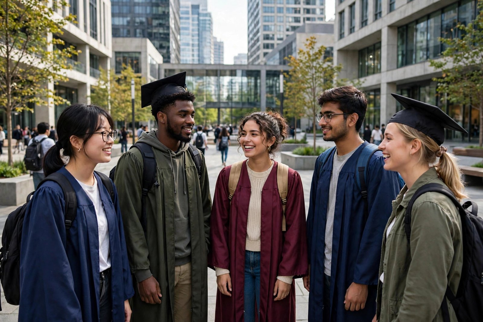 Graduates talking in a modern American university campus plaza with tall buildings