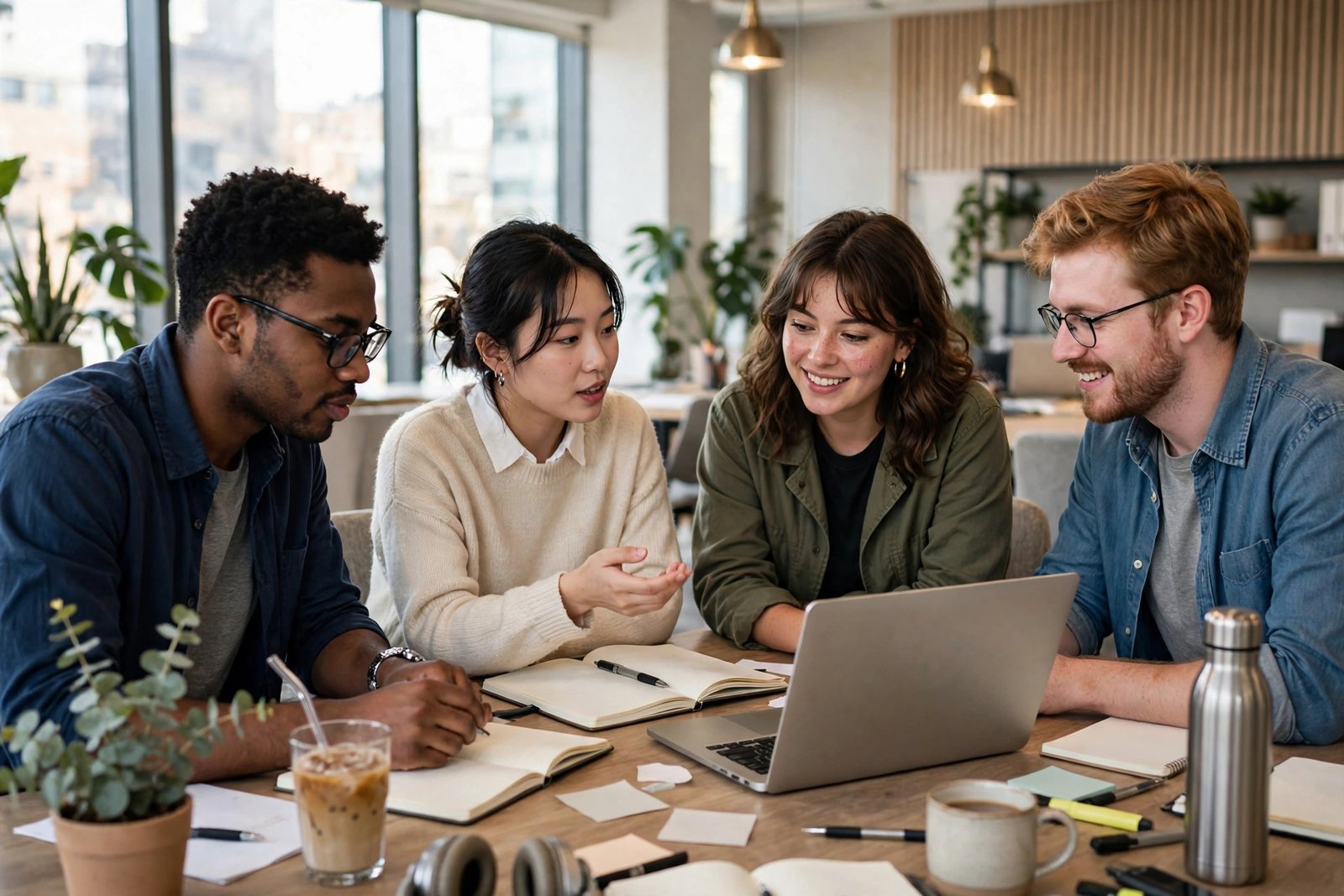 Young professionals collaborating around a table in a bright modern workplace