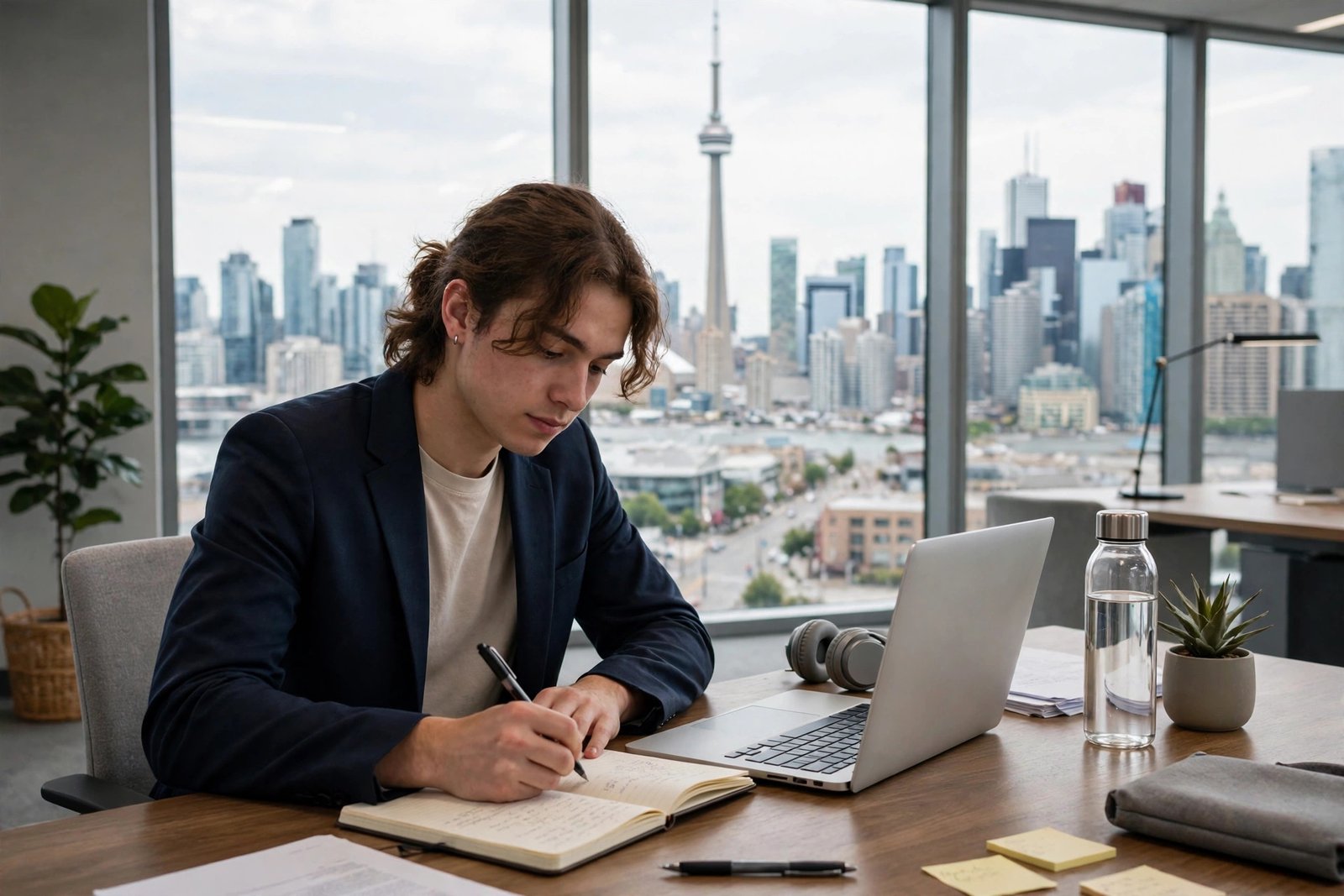 A graduate professional working at a desk in a modern downtown Toronto office