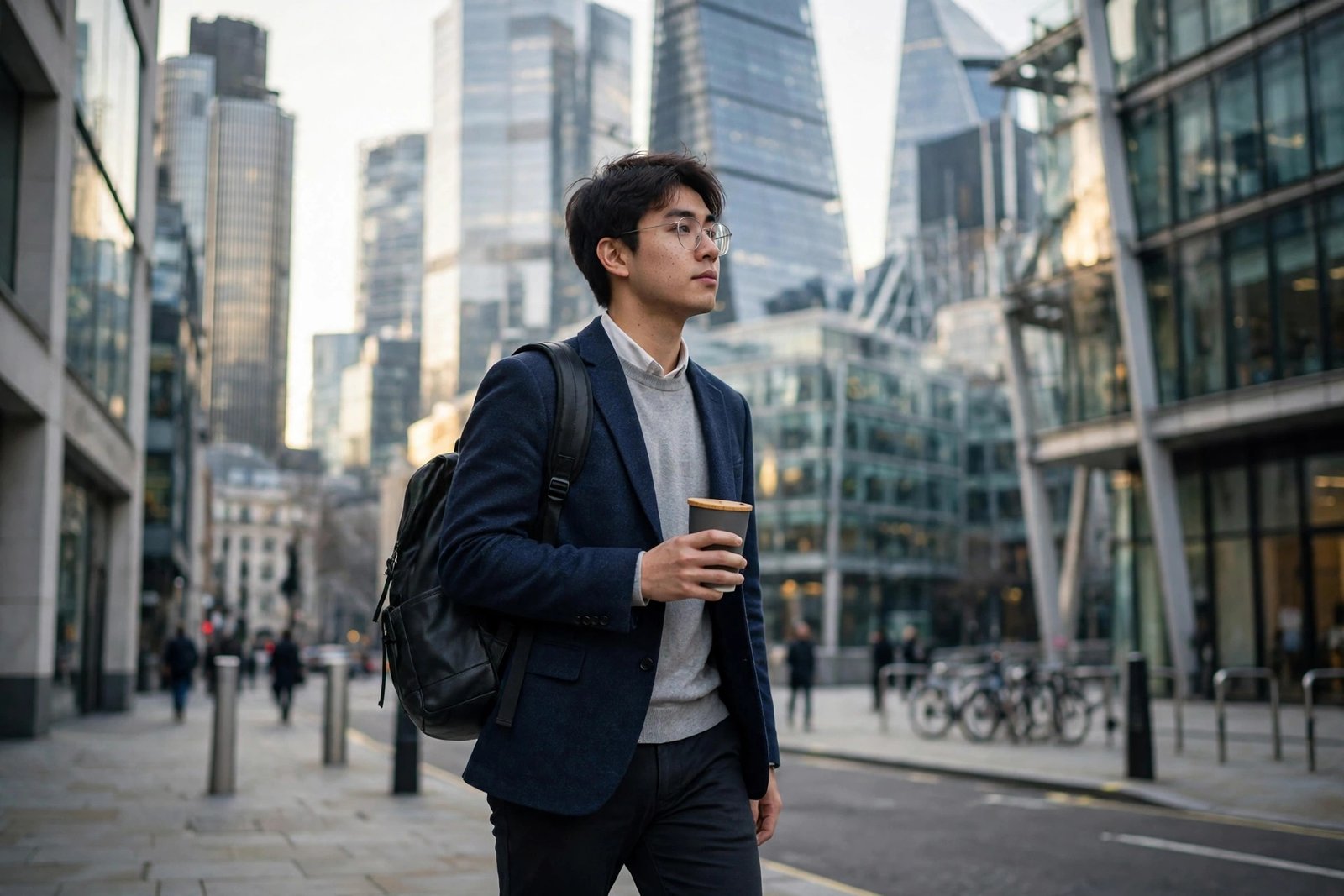A graduate professional walking to work among modern office towers in the City of London