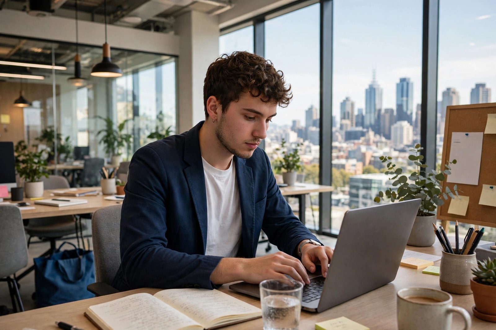 A graduate professional working in a bright modern office in Melbourne, Australia