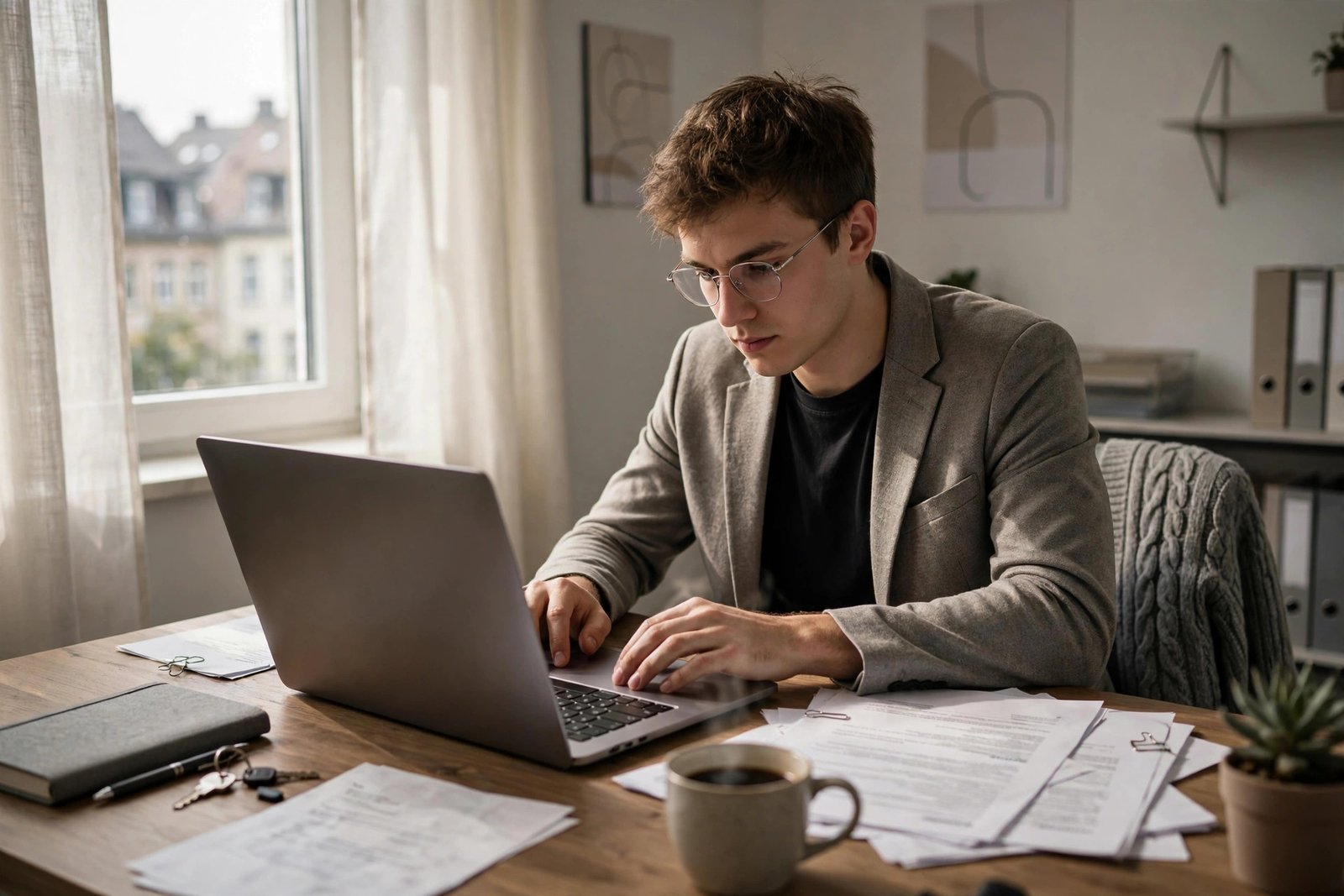 A graduate preparing job applications on a laptop at a desk in a bright office in Germany