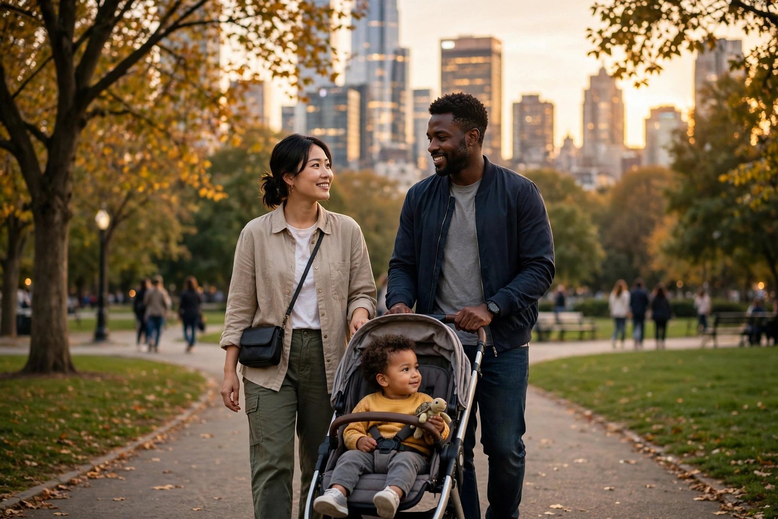 A young professional family walking through a city park at golden hour after settling abroad