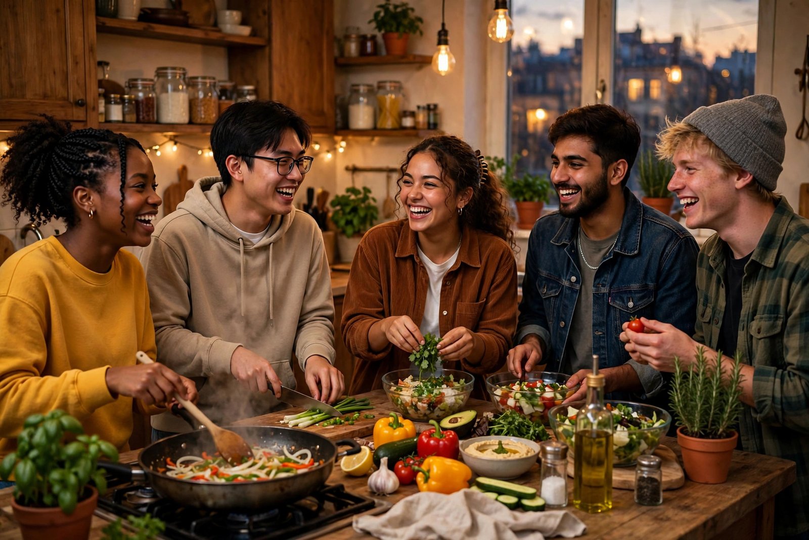Students cooking and laughing together in the kitchen of a shared flat