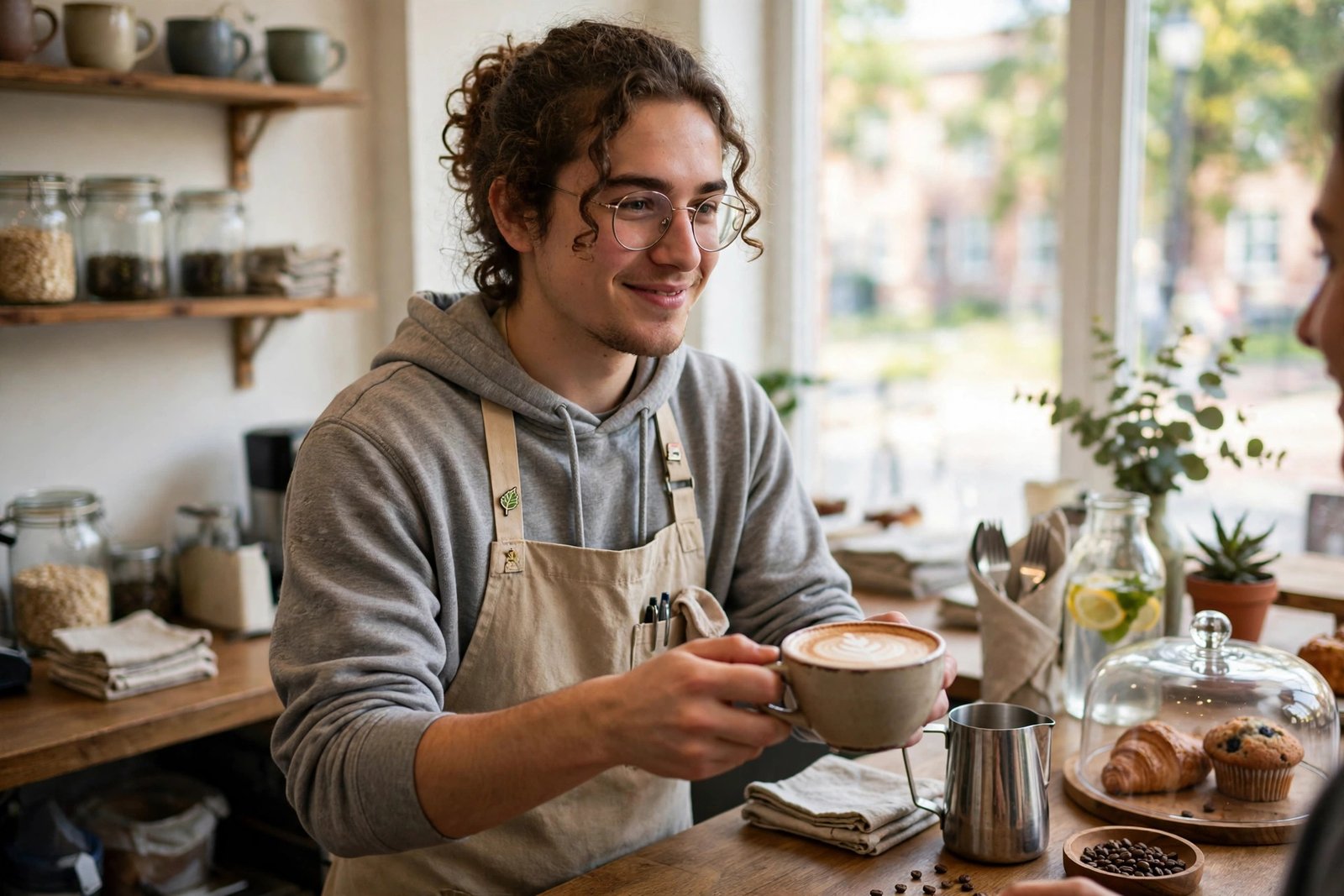Student barista serving coffee during a part-time shift in a campus cafe