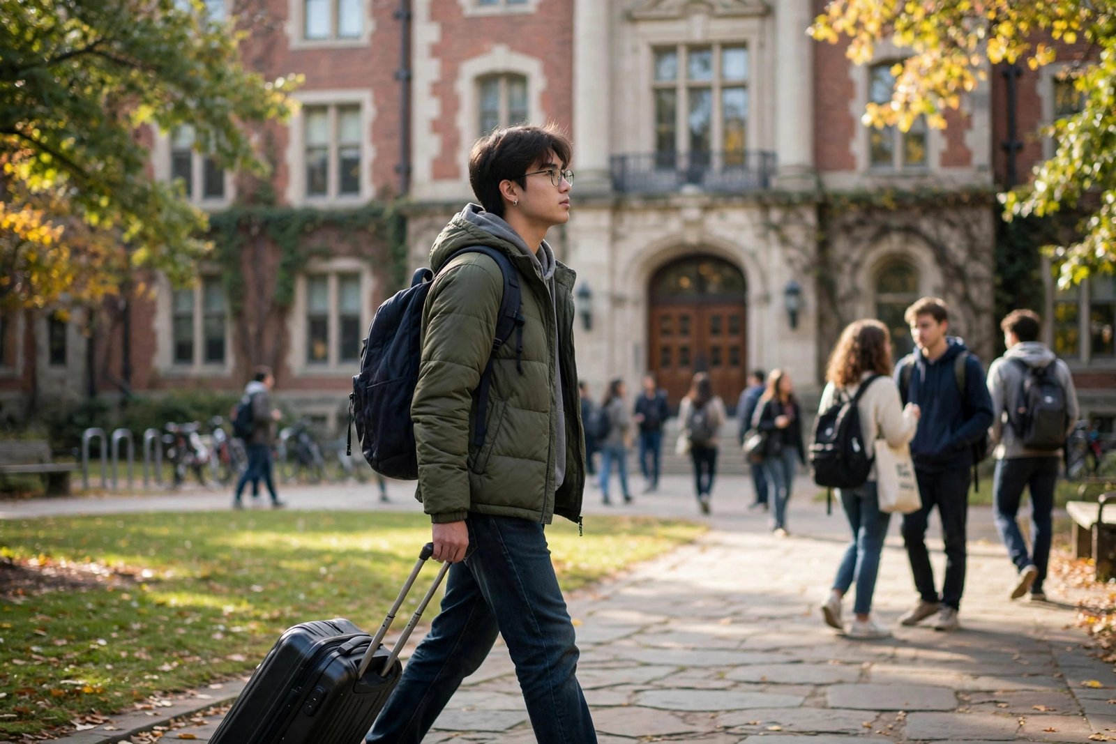 Newly arrived student with a suitcase walking toward a university campus on the first morning