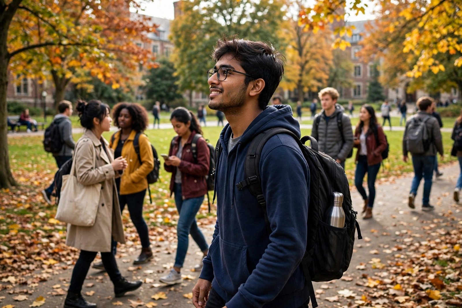 Bangladeshi student walking on a university campus abroad after completing HSC