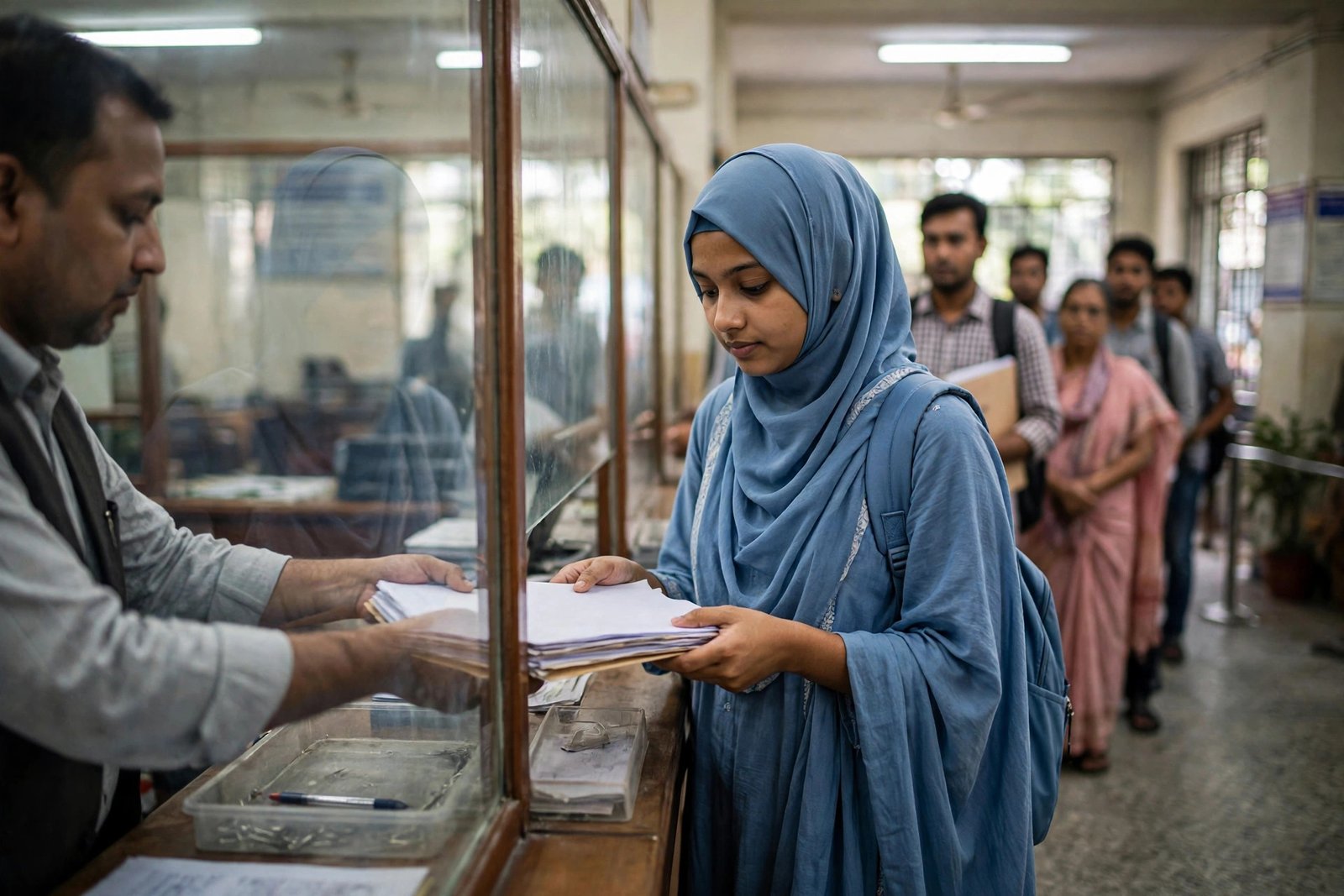 Bangladeshi student submitting certificates at a government service counter in Dhaka