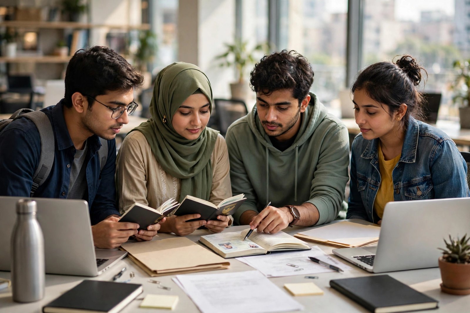 Bangladeshi students in Dhaka reviewing student visa documents and passports together