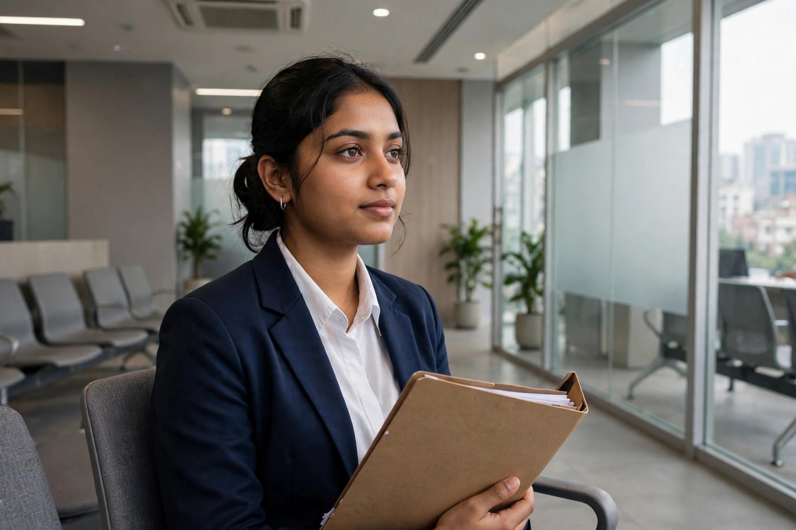 Bangladeshi student waiting calmly with a document folder at a visa application centre in Dhaka