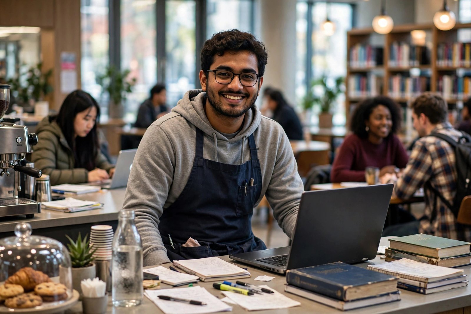 Bangladeshi graduate student working part-time in a university library cafe abroad