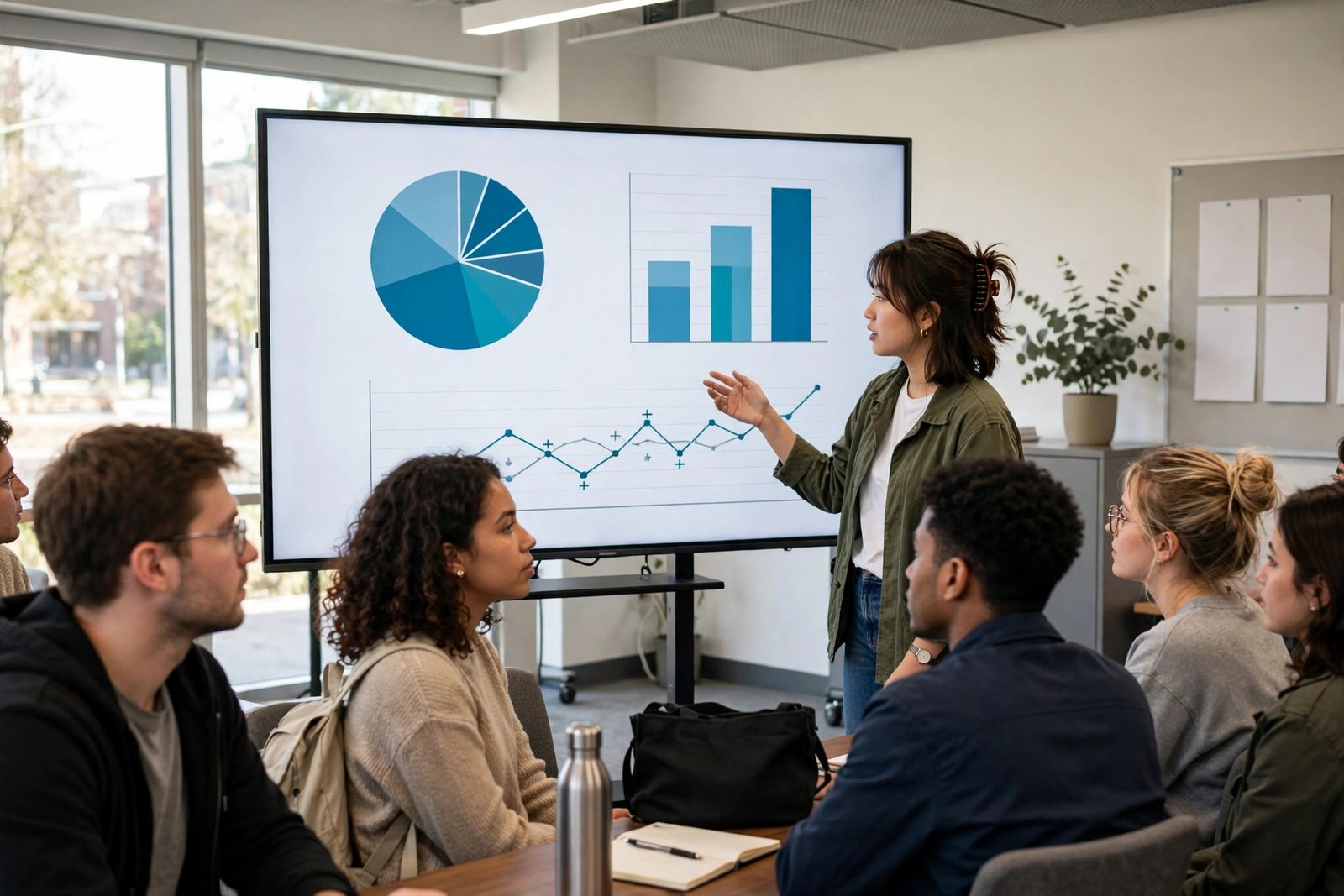 A professional presenting data visualisations to colleagues in a modern office