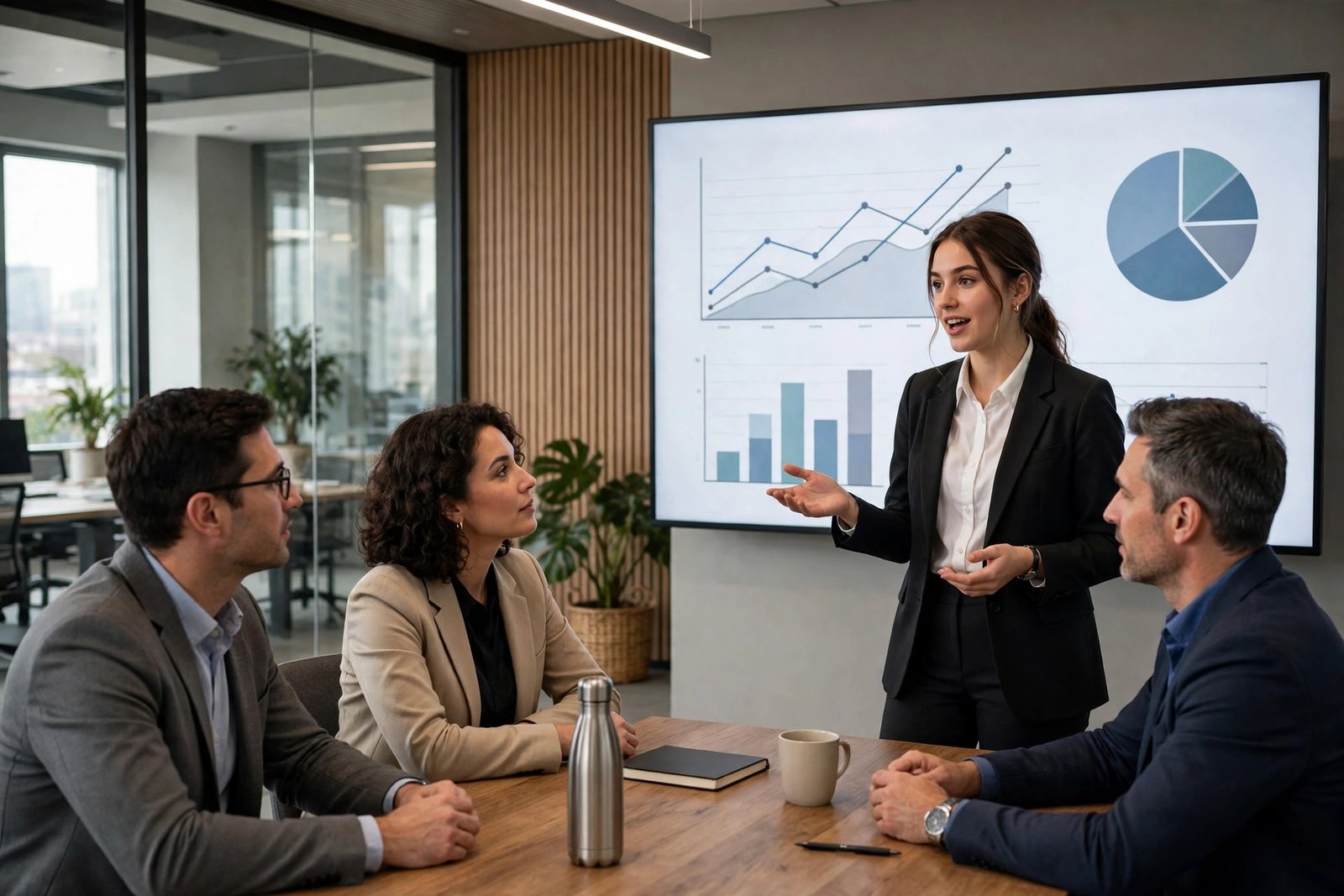 Young graduate presenting strategy ideas to colleagues in a modern office meeting room