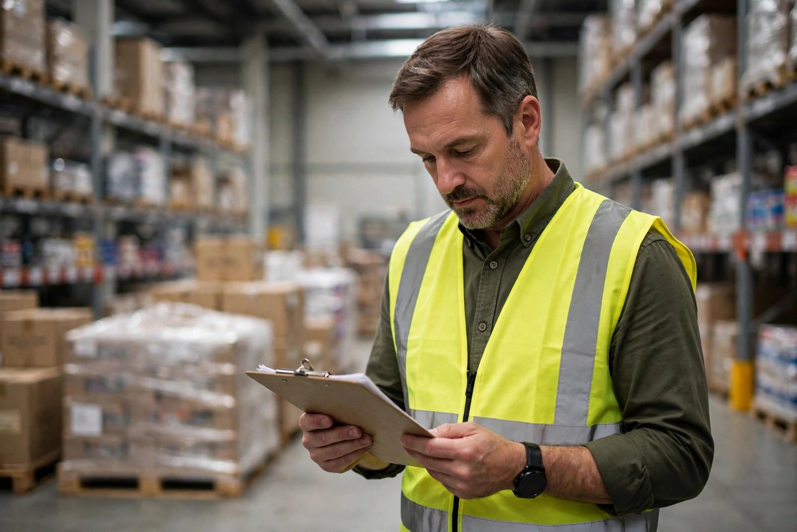Manager reviewing operations inside a modern distribution warehouse