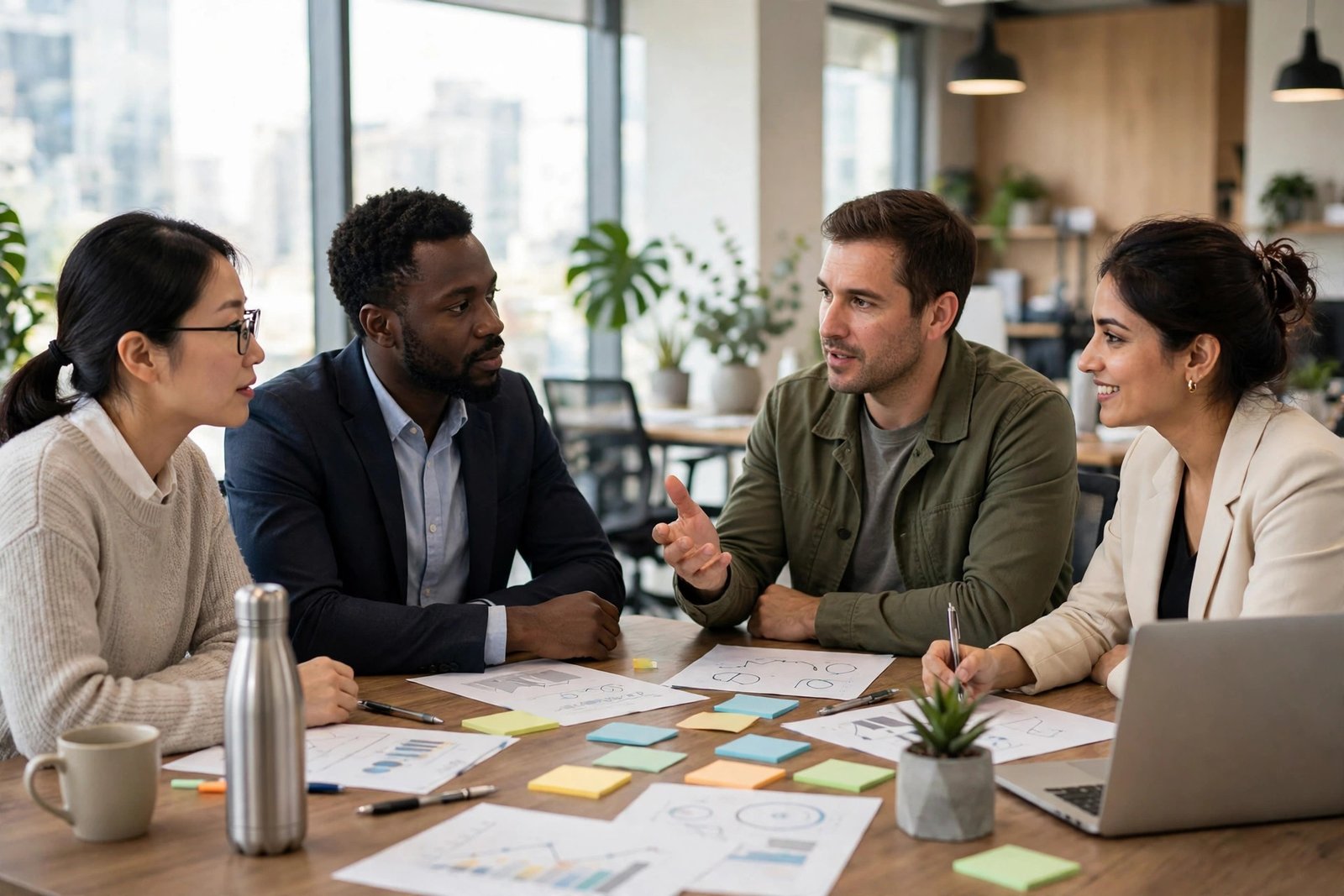 Diverse professionals collaborating on workforce planning in a bright modern office