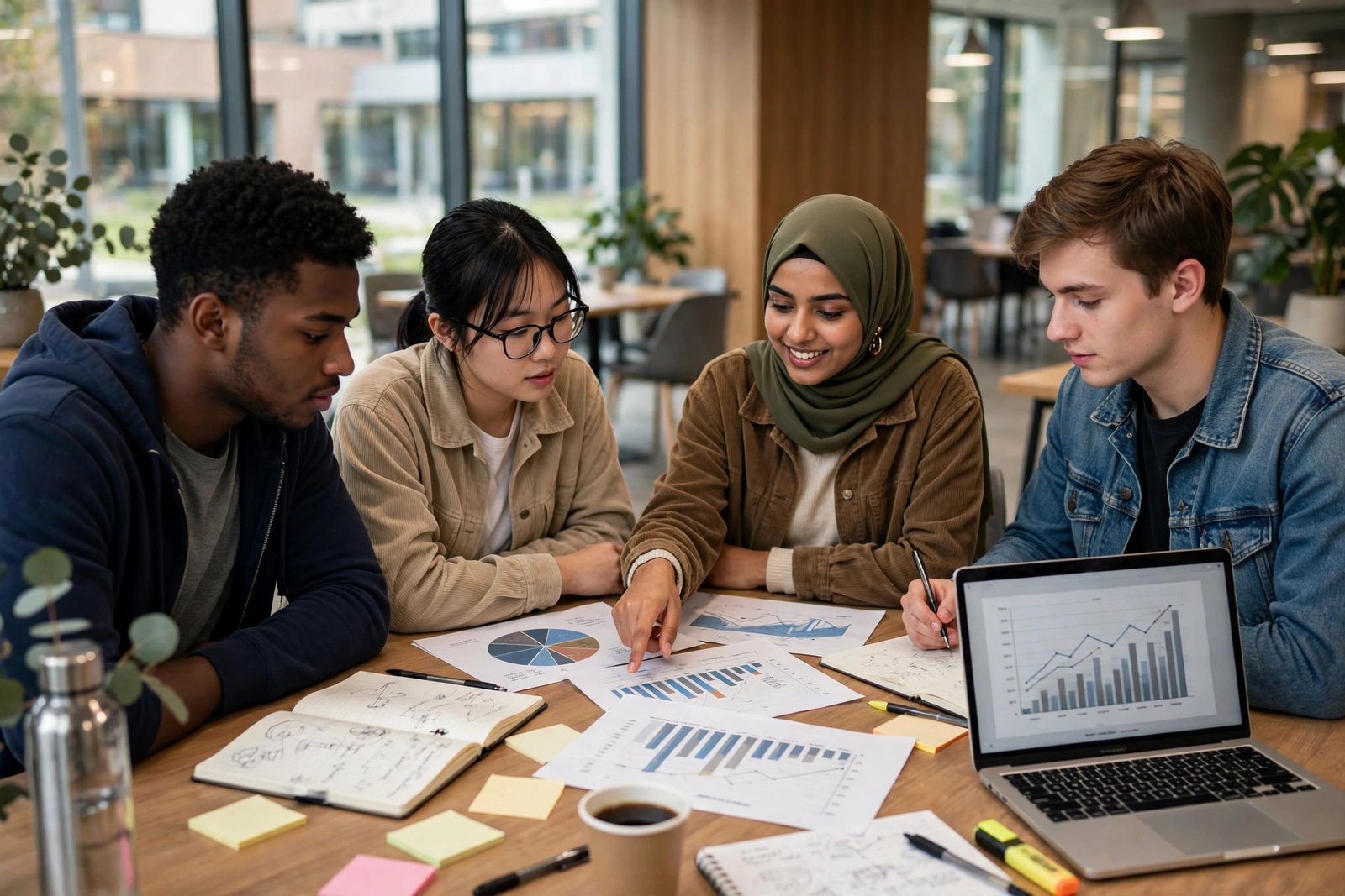 Business students collaborating around a table with charts and a laptop on campus