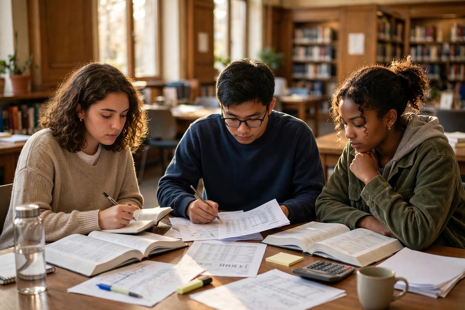 Commerce students studying accounting textbooks and financial documents in a university library