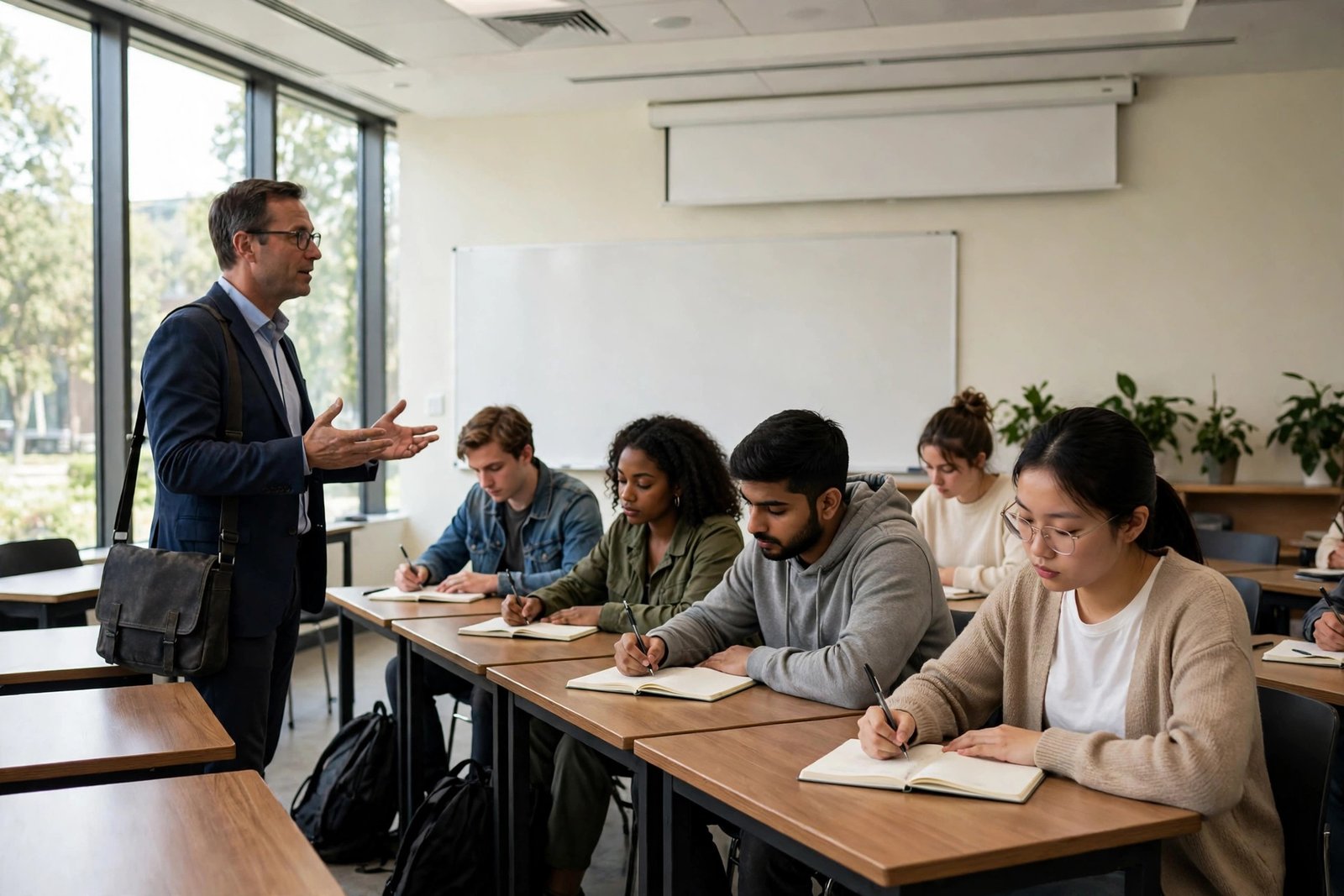 Commerce students taking notes during an economics lecture in a bright classroom