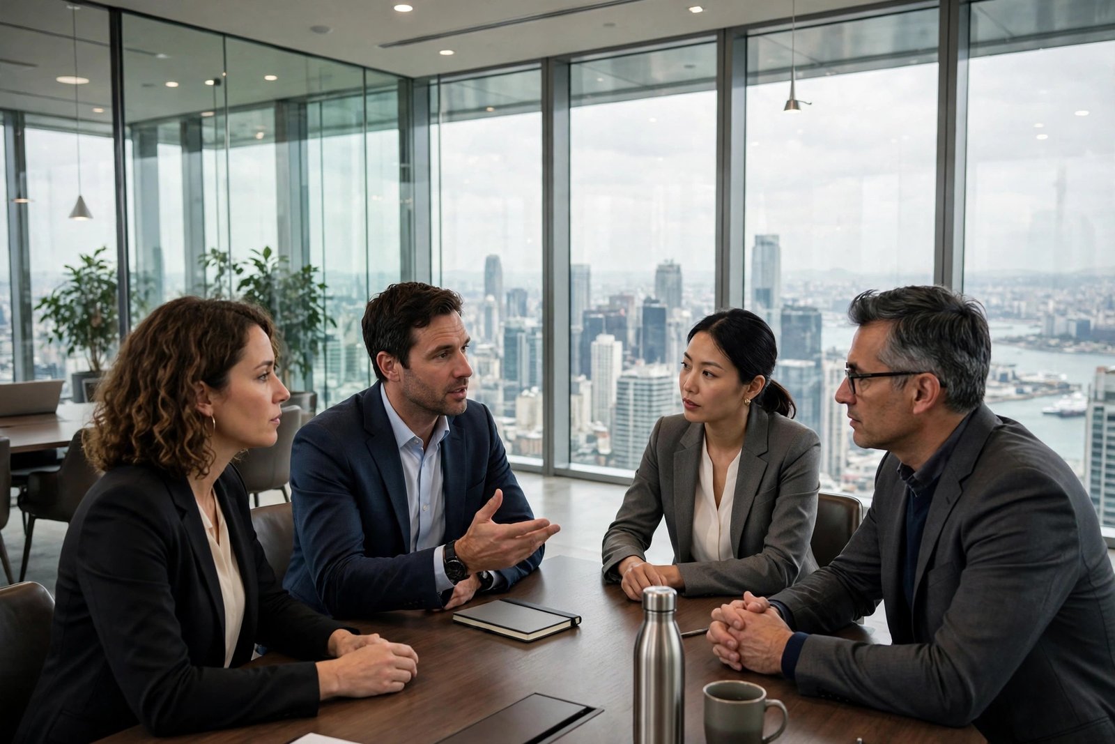 Business professionals discussing global trade in a modern meeting room