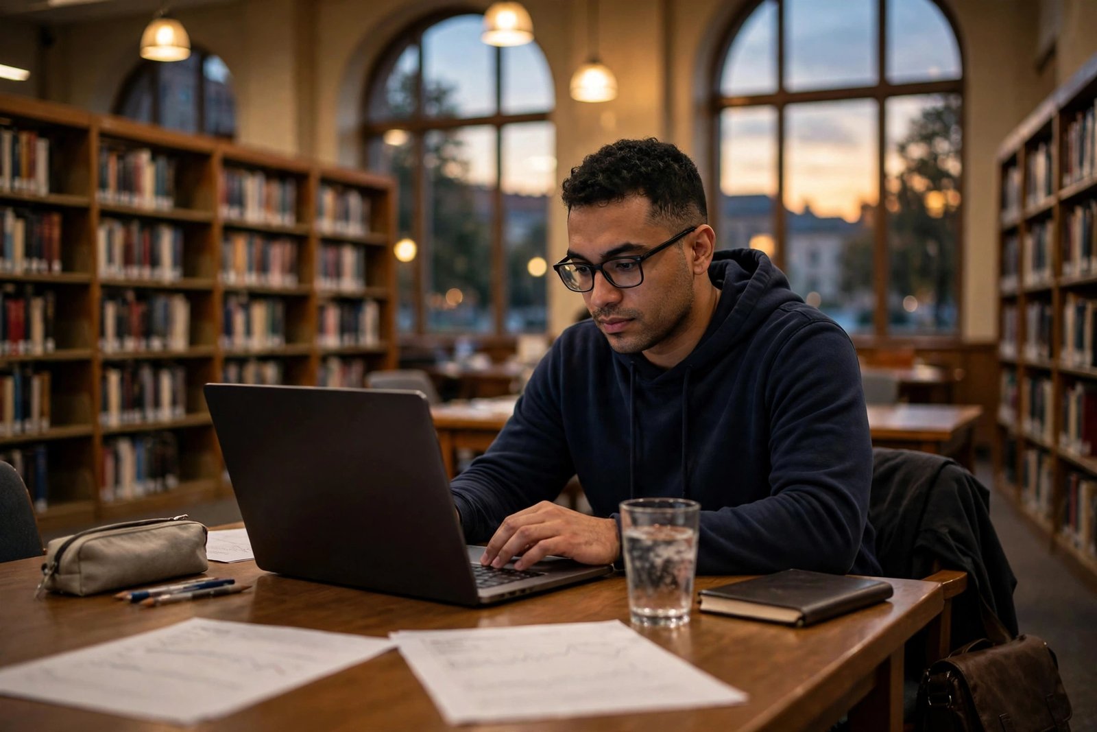 A graduate student working on quantitative finance code on a laptop in a university library