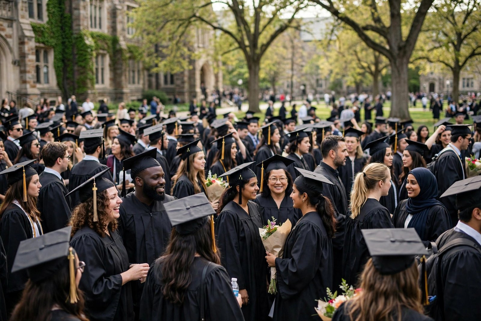 Graduates in academic gowns at an outdoor university graduation ceremony
