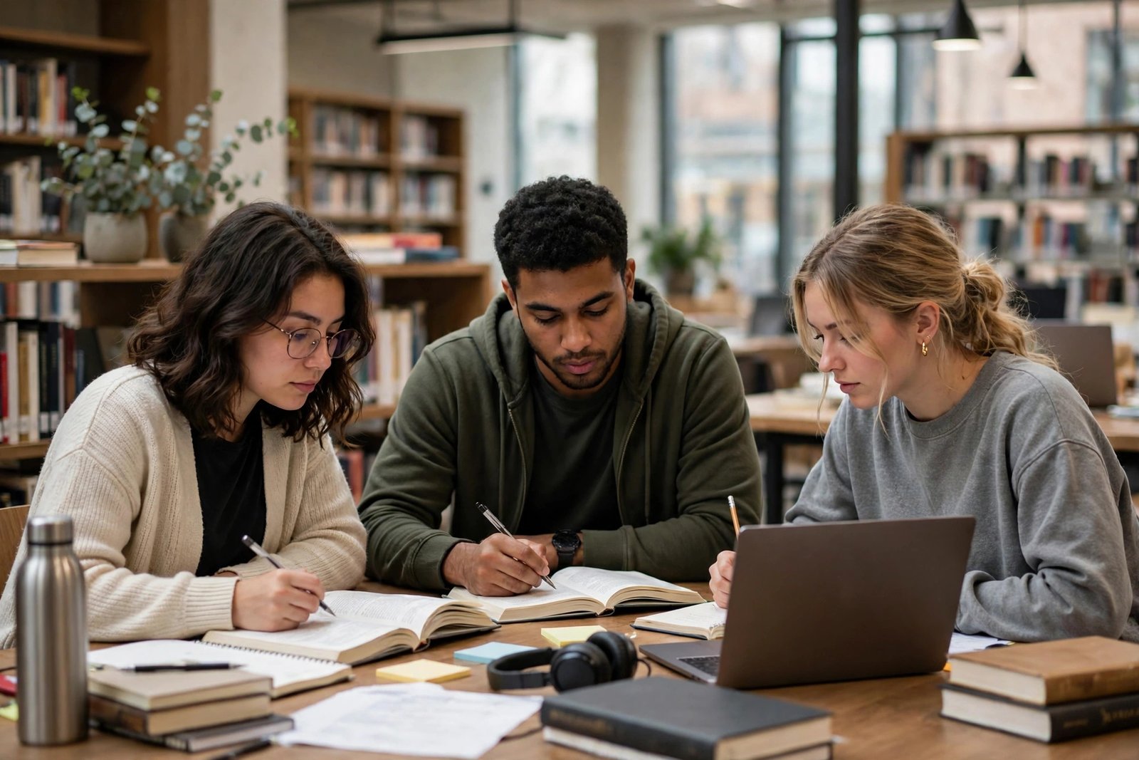 Graduate students studying strategy in a university library
