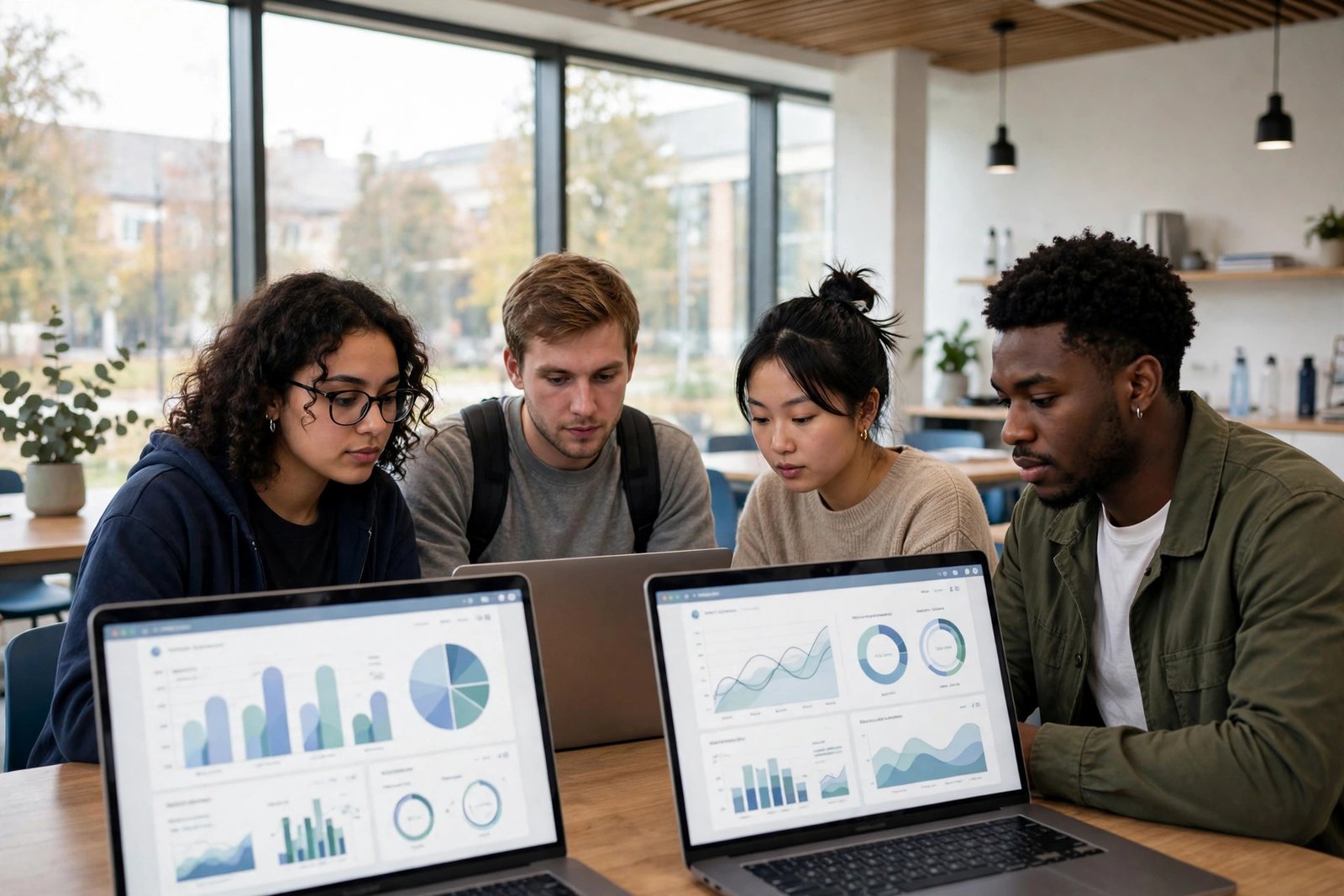 Students analysing an online store dashboard in a bright university classroom