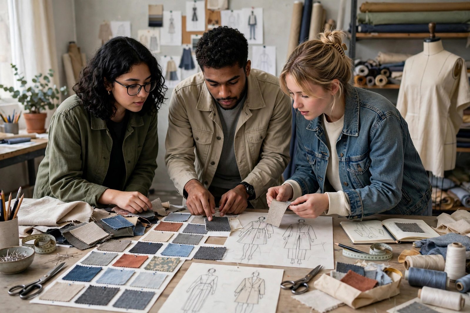 Fashion students examining fabric swatches and garment designs in a studio