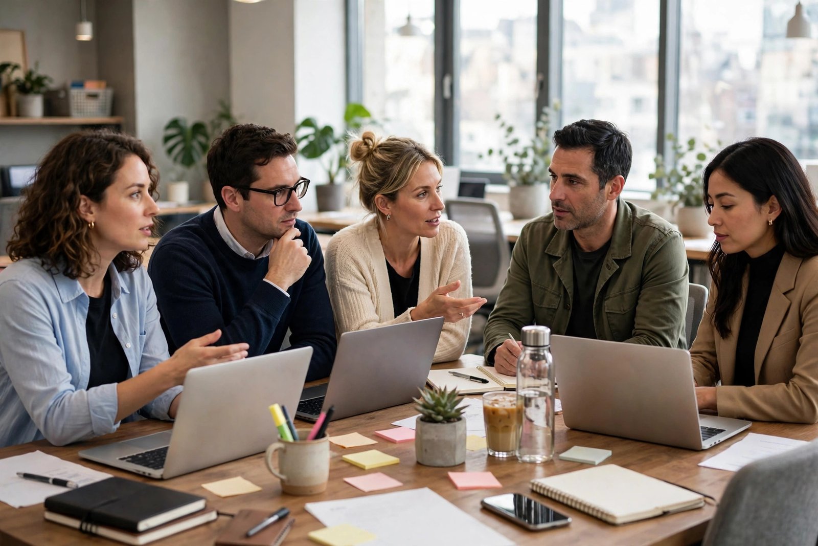 A marketing team discussing brand campaign ideas around a table in a bright office