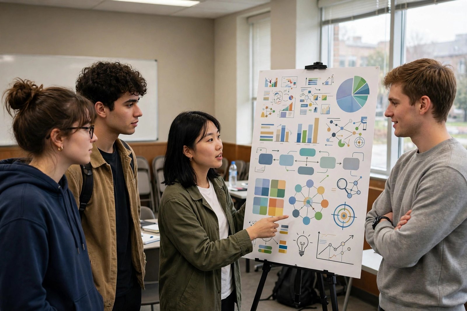 Students presenting a brand strategy in a university seminar room