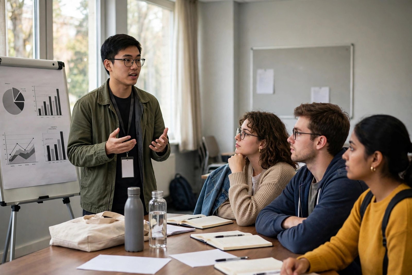 Graduate students analysing healthcare data in a university seminar room