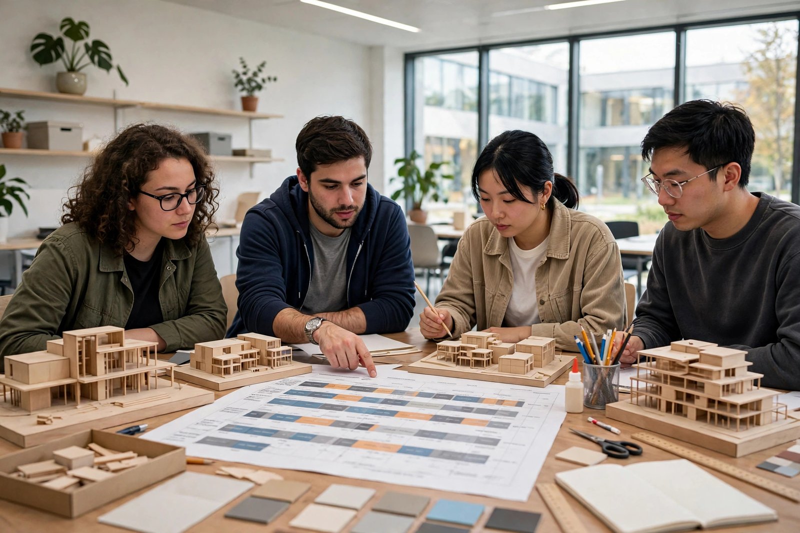Graduate students studying architectural models and project schedules
