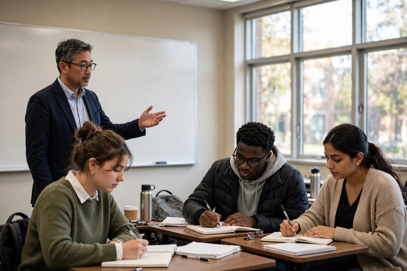 University students studying finance and portfolio analysis in a modern lecture hall