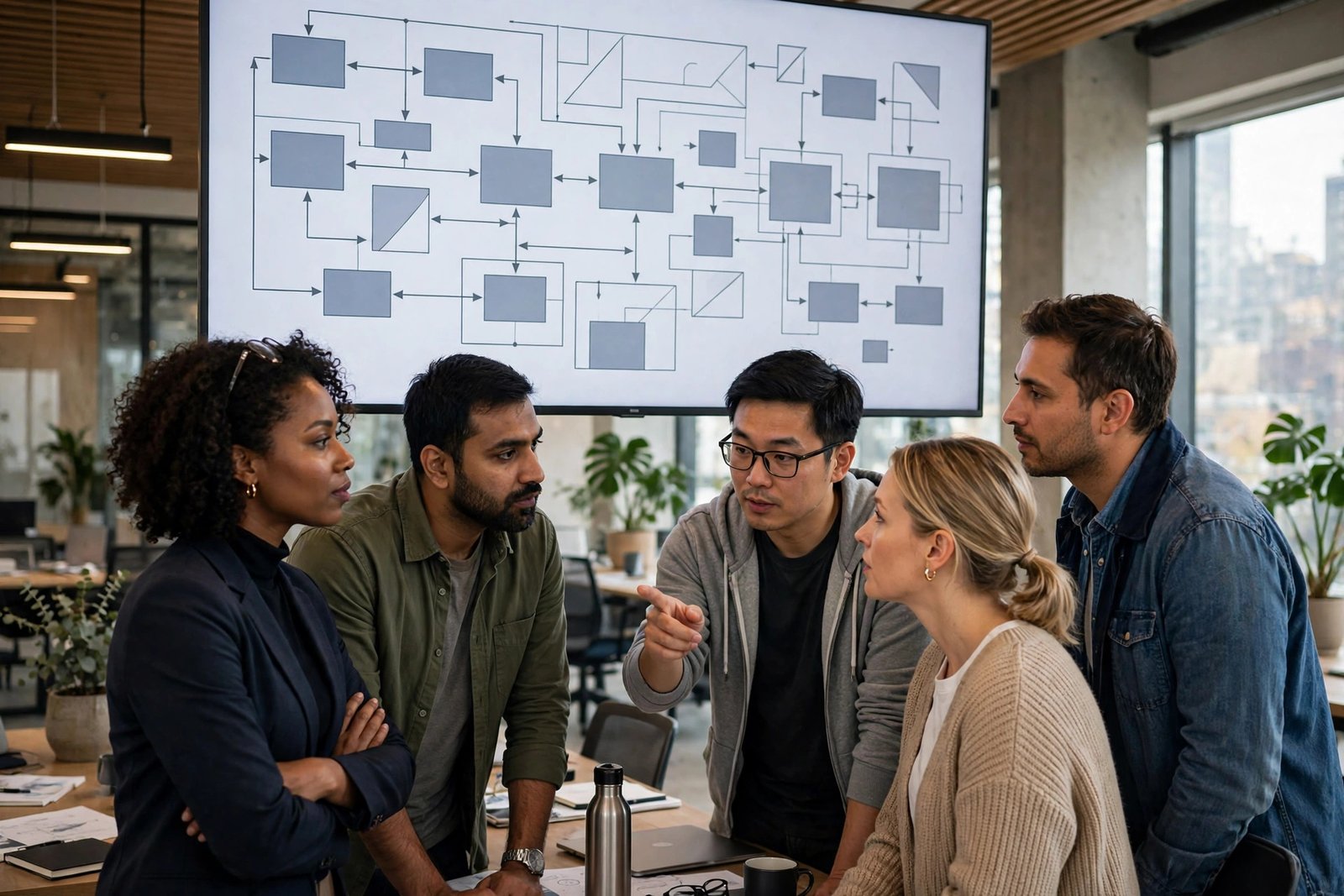 Software engineering team reviewing a system design in a modern office