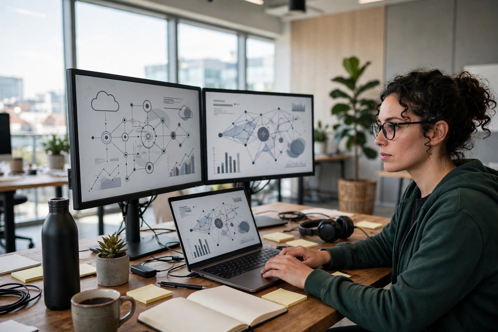 Cloud engineer working with multiple monitors in a modern office