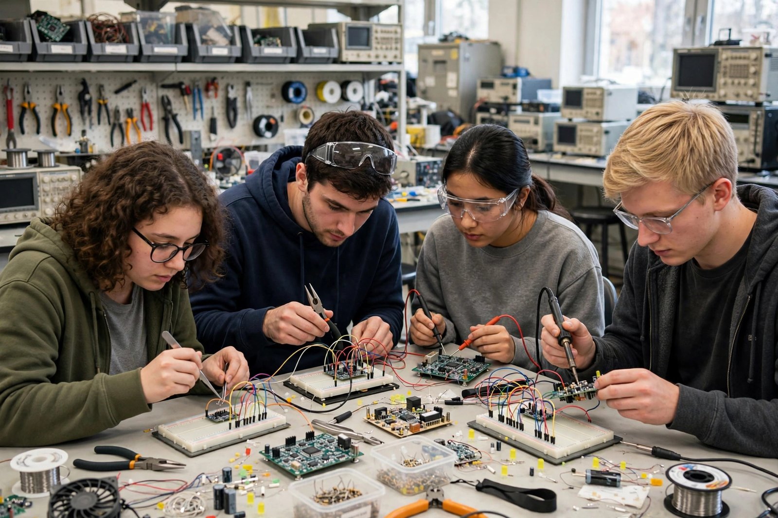 Engineering students working with circuit boards in an electronics laboratory