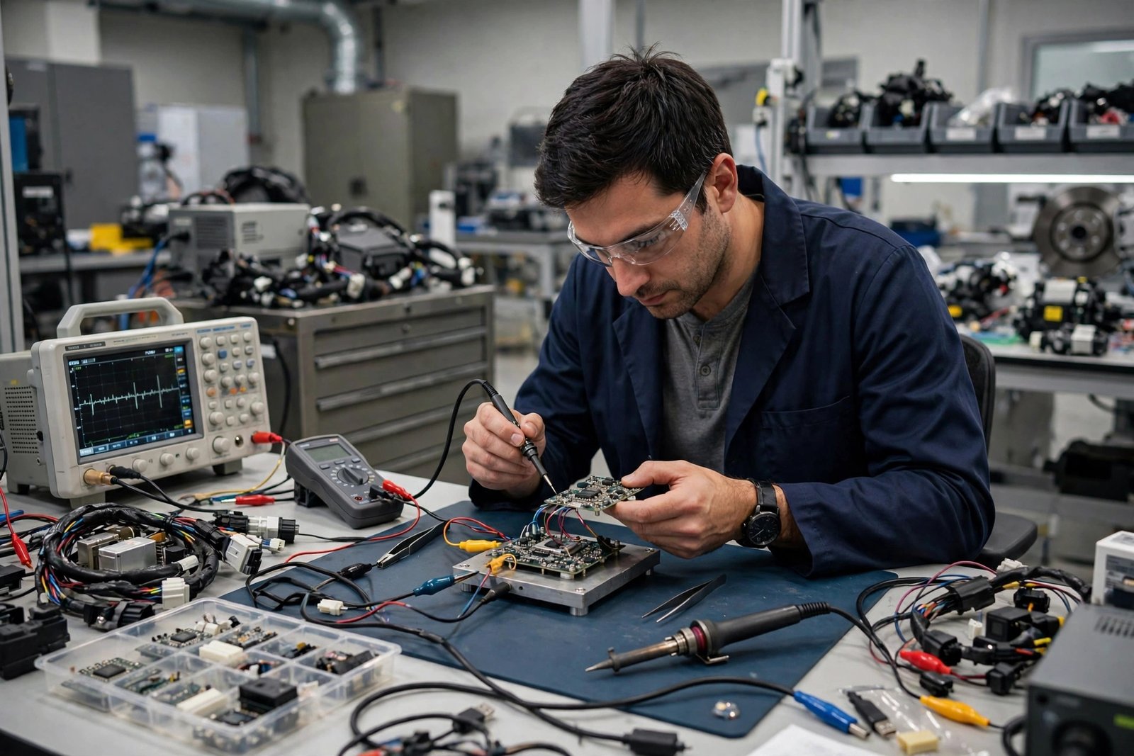 Engineer testing an embedded device for a vehicle in an automotive laboratory