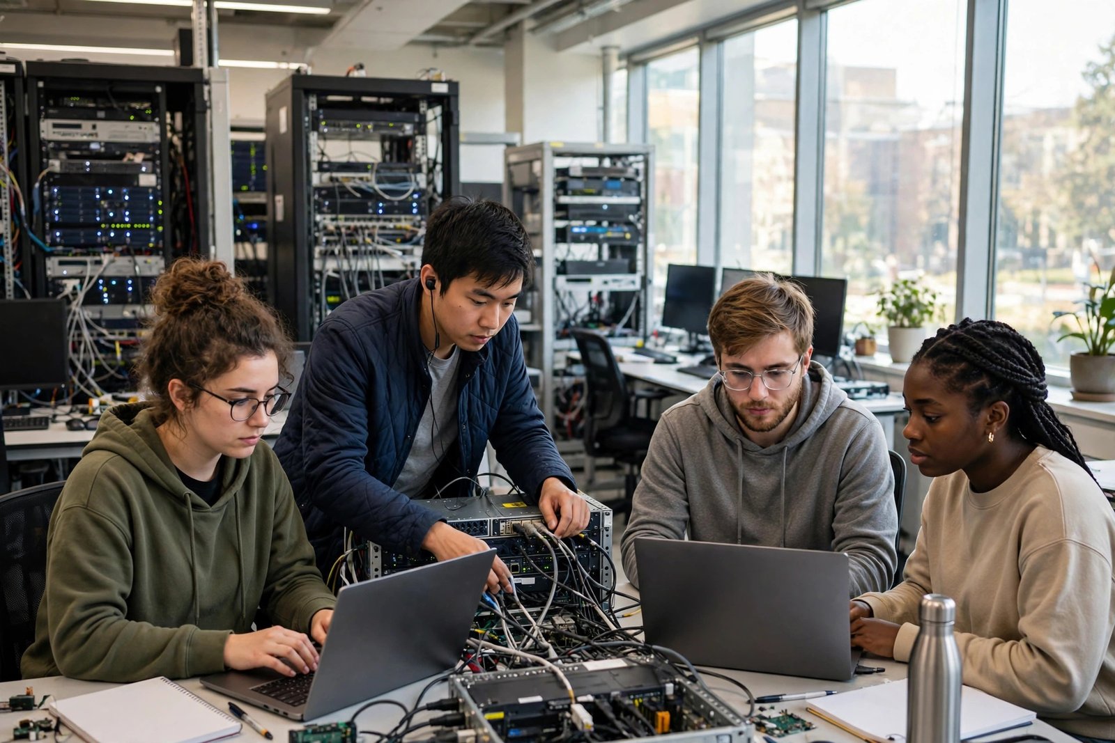 University students working on computers and network equipment in a modern IT lab