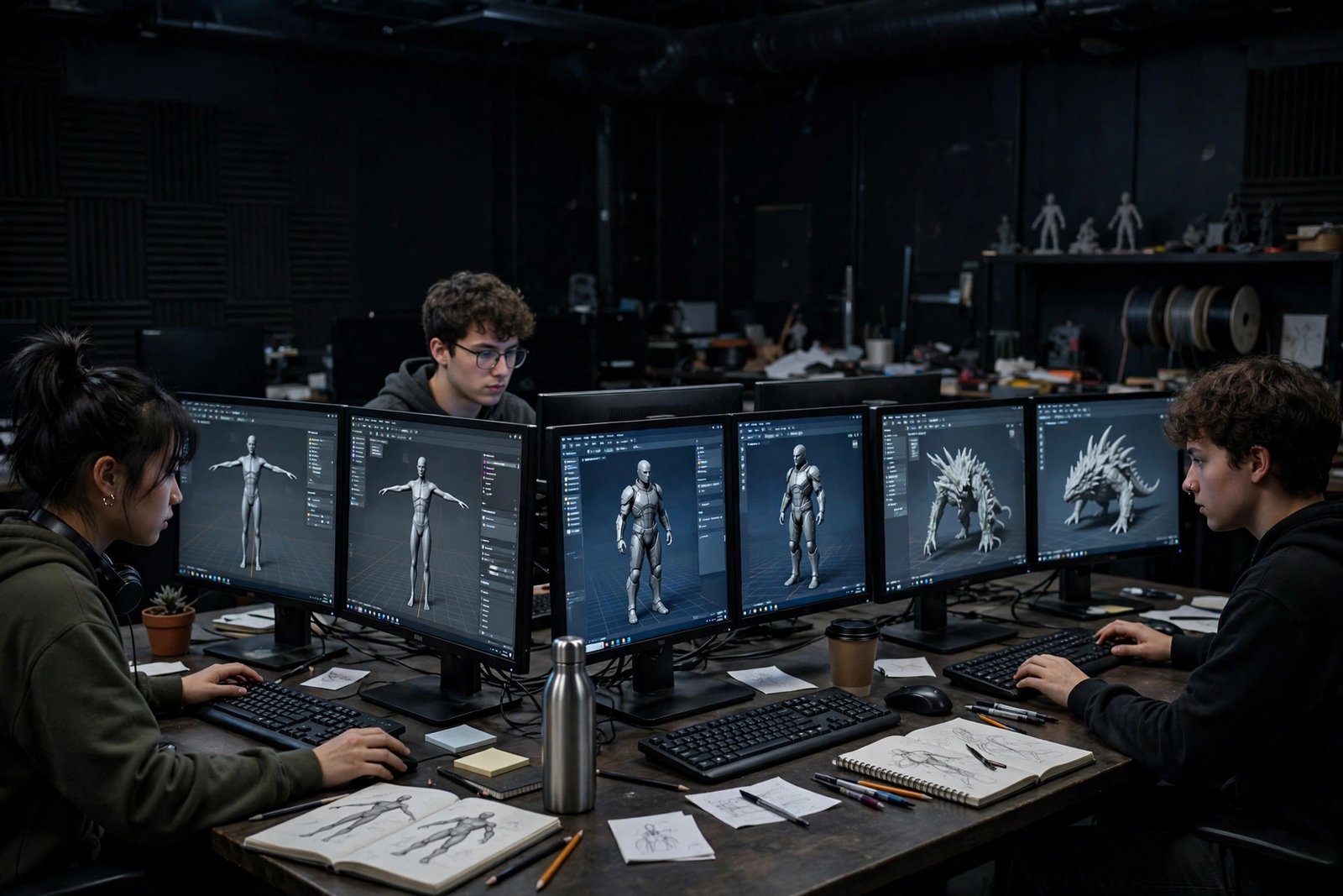 Game development students working on 3D game projects in a university studio