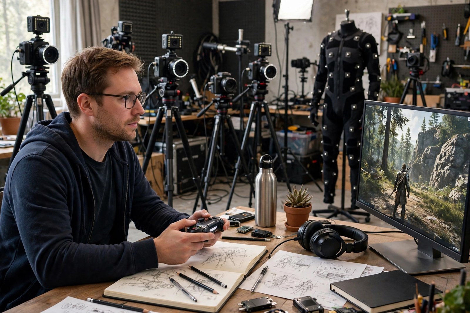 Game designer testing a game with a controller in a creative studio