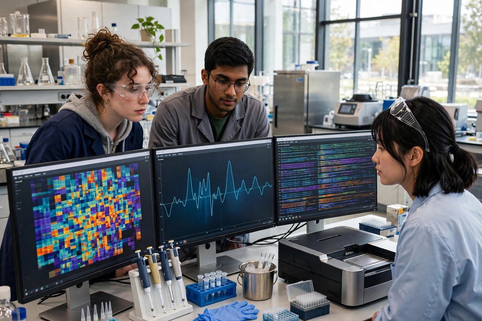 Graduate students analysing genomic data in a life-sciences laboratory