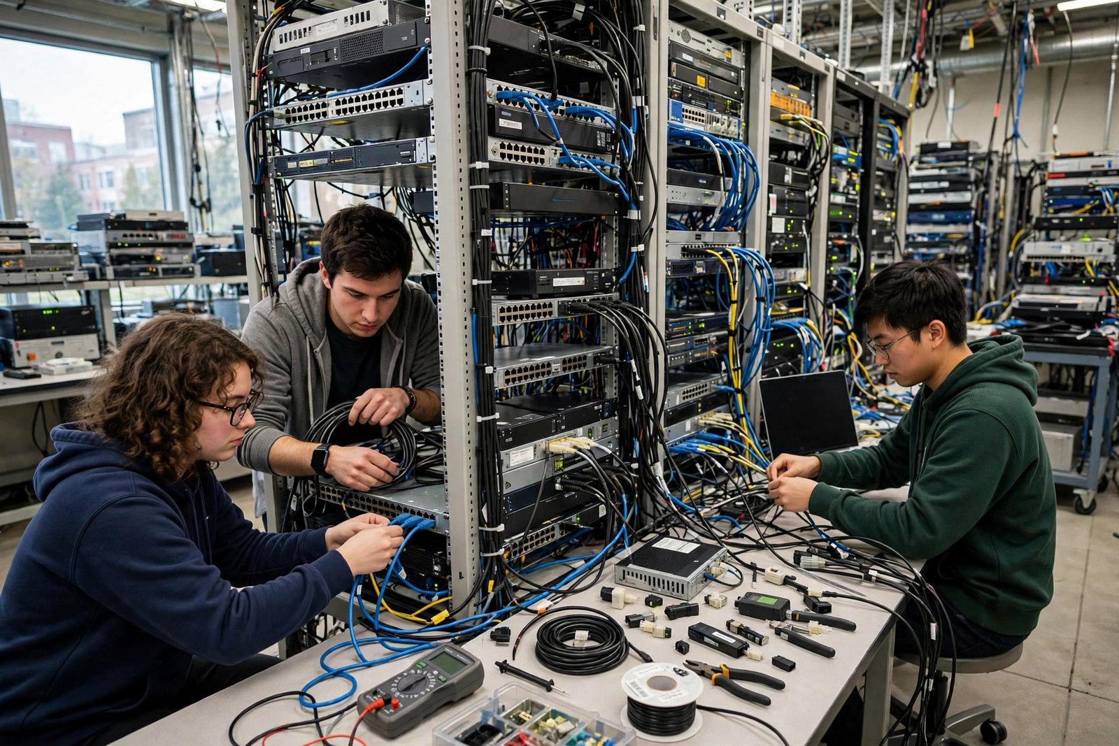 Network engineering students working in a university networking laboratory